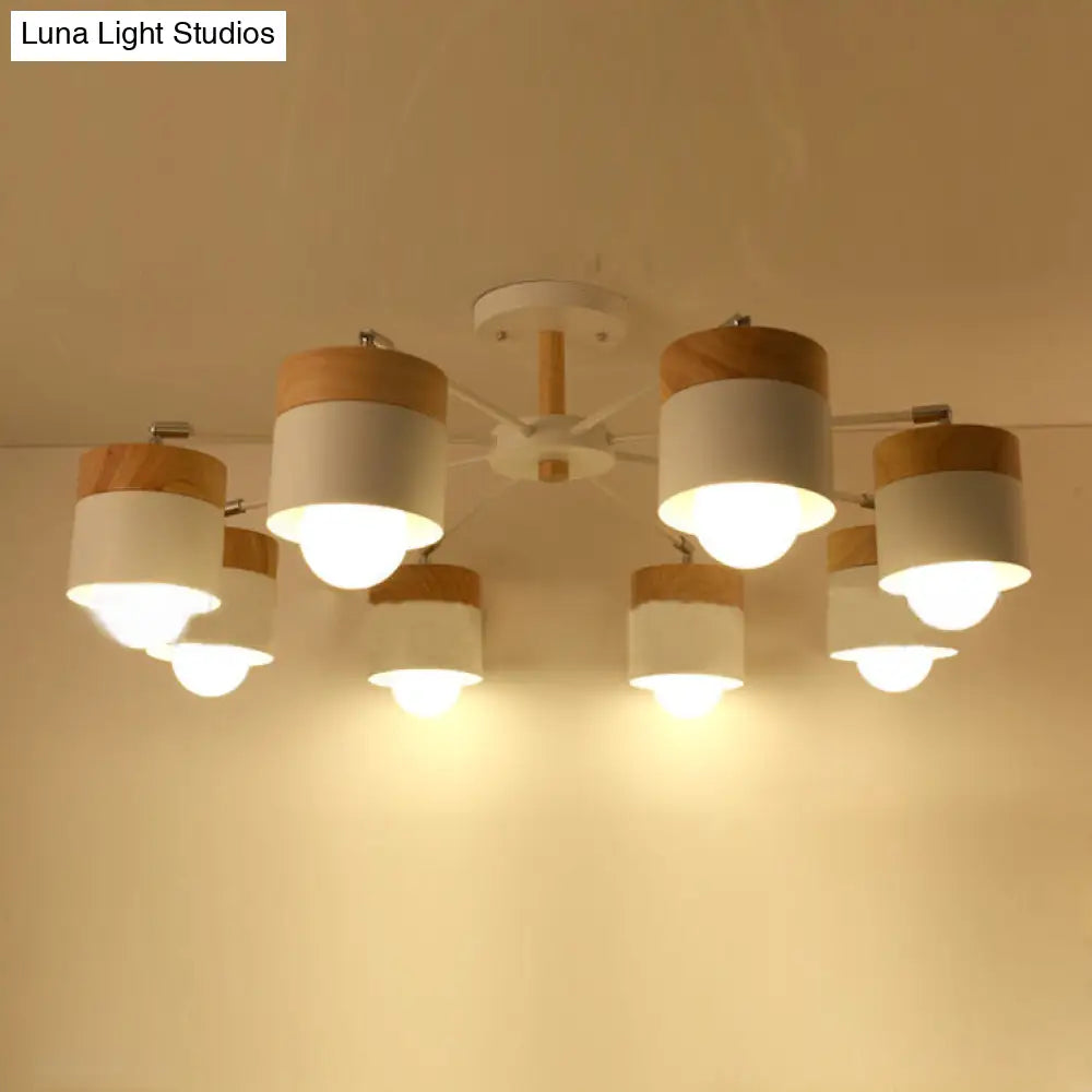 8-Light Modern White Metal And Wood Semi Flush Chandelier - Stylish Ceiling Light Fixture