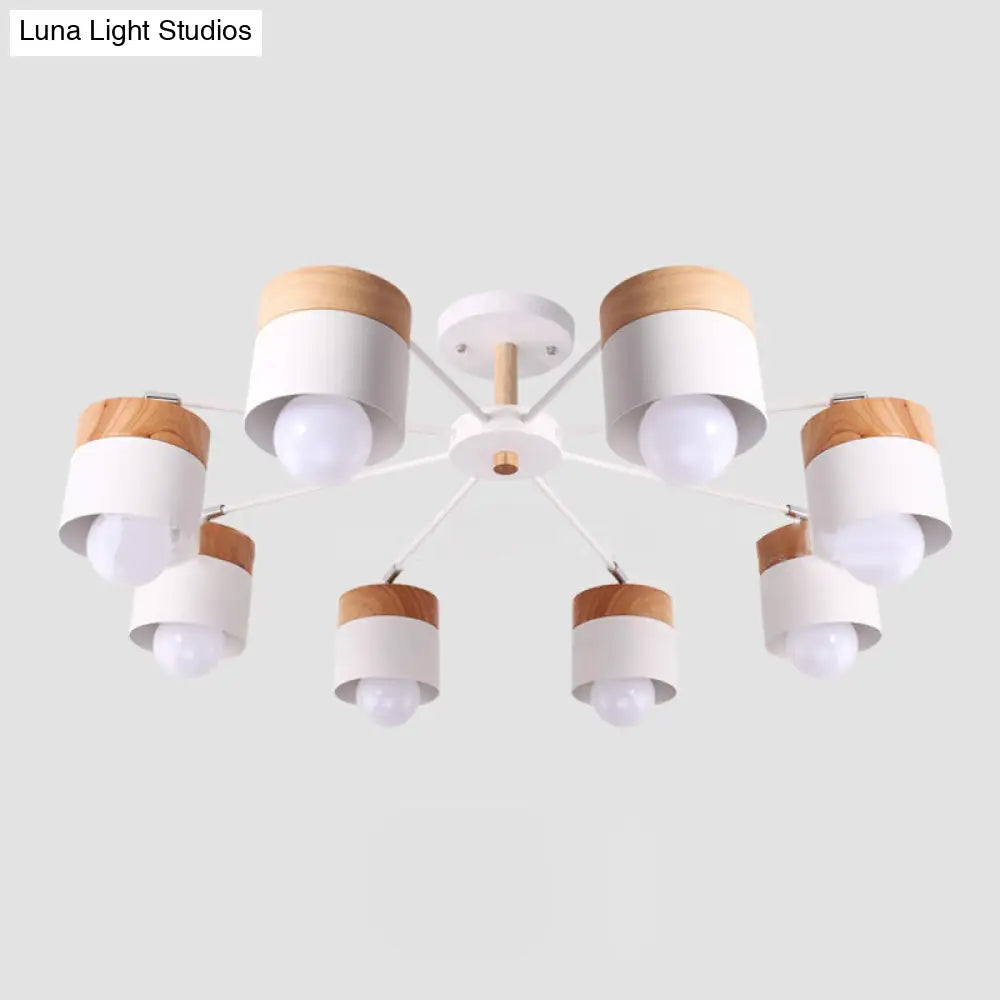 8-Light Modern White Metal And Wood Semi Flush Chandelier - Stylish Ceiling Light Fixture