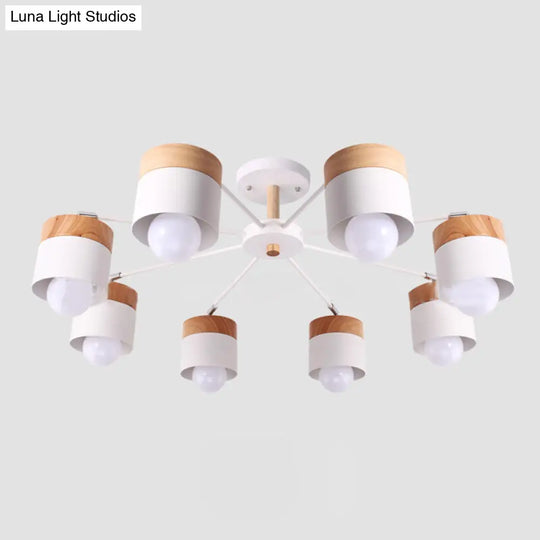 8-Light Modern White Metal And Wood Semi Flush Chandelier - Stylish Ceiling Light Fixture