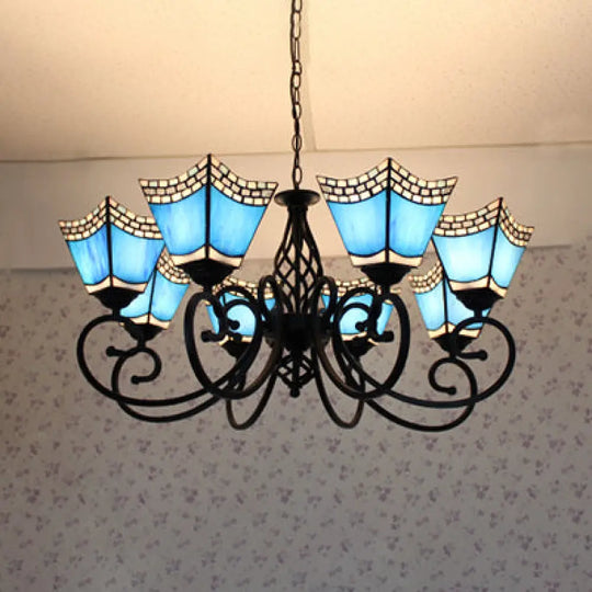 8-Light Nautical Trapezoid Hanging Light With Blue Glass Shade For Living Room