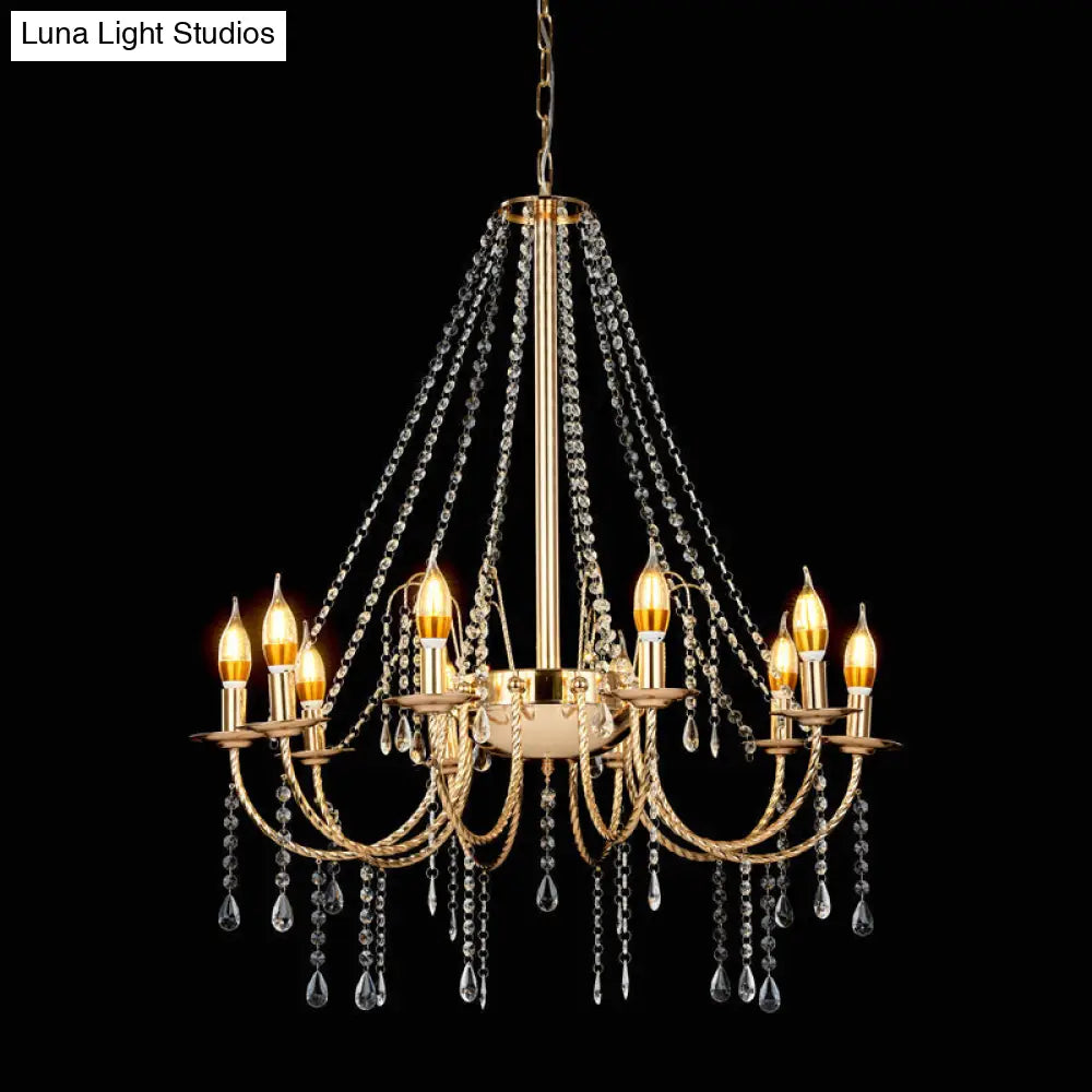 Retro Crystal Chandelier With 8 Hanging Candle Lights And Gold Swoop Arm