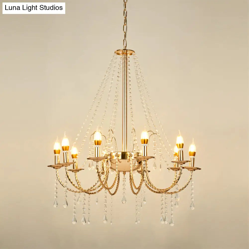 8-Light Retro Crystal Chain Hanging Chandelier With Gold Swoop Arm