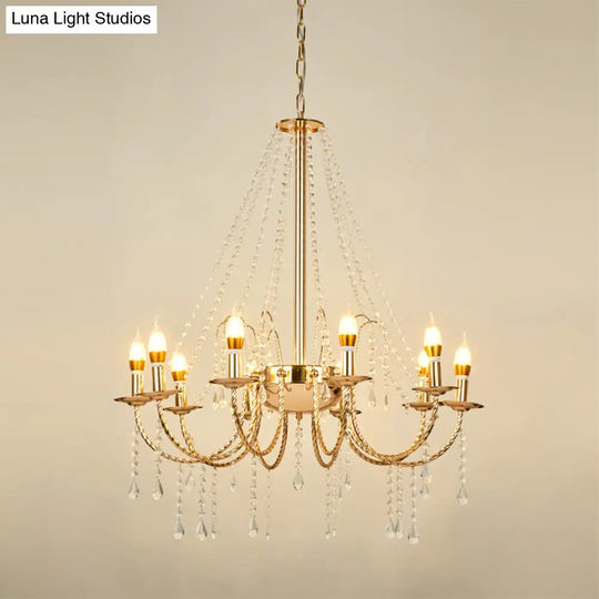 8-Light Retro Crystal Chain Hanging Chandelier With Gold Swoop Arm