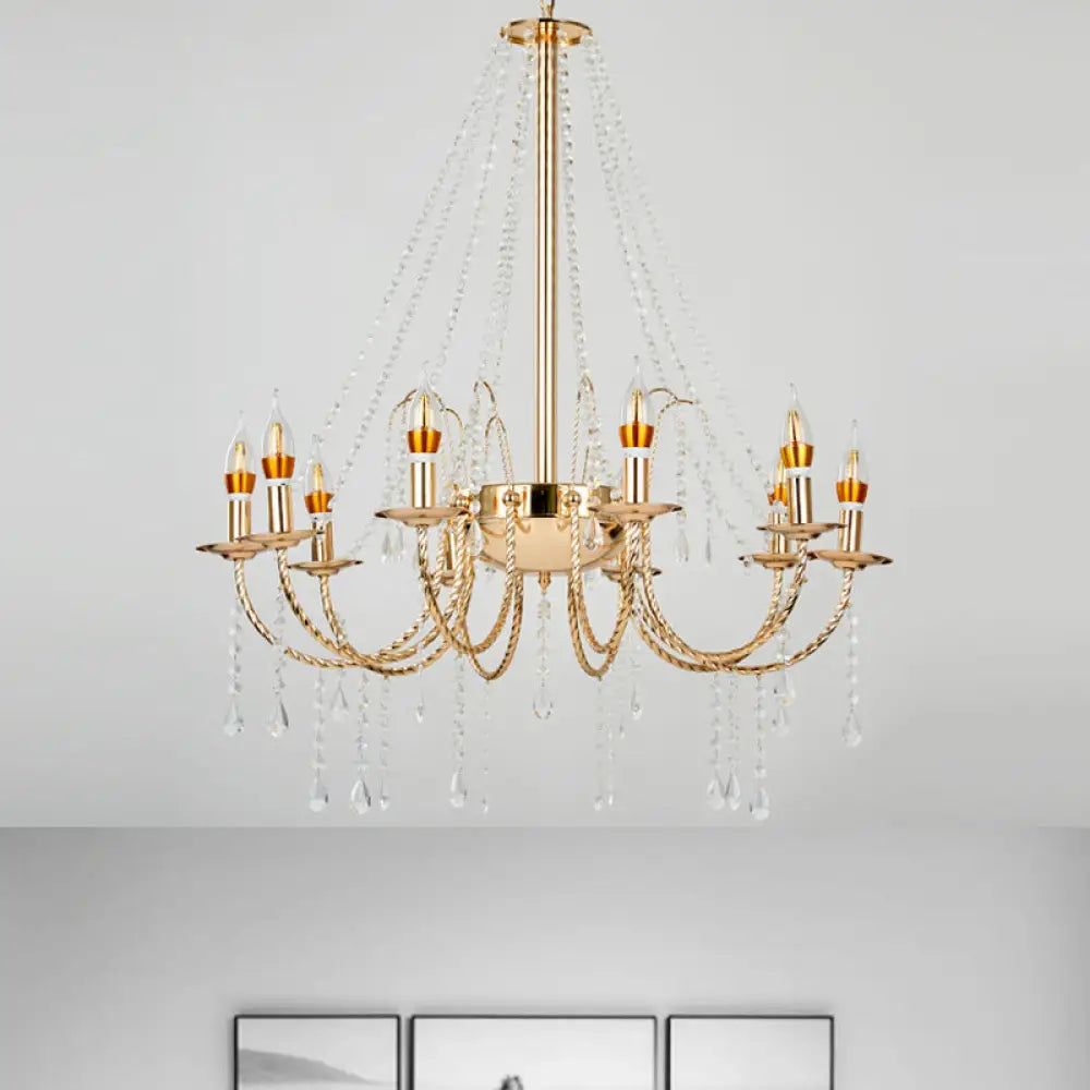 8-Light Retro Crystal Chain Hanging Chandelier With Gold Swoop Arm