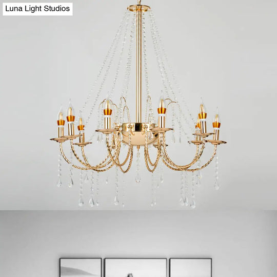 Retro Crystal Chandelier With 8 Hanging Candle Lights And Gold Swoop Arm