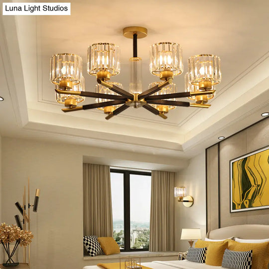 8-Light Simple Style Black And Gold Bedroom Chandelier With Crystal Rod Shade