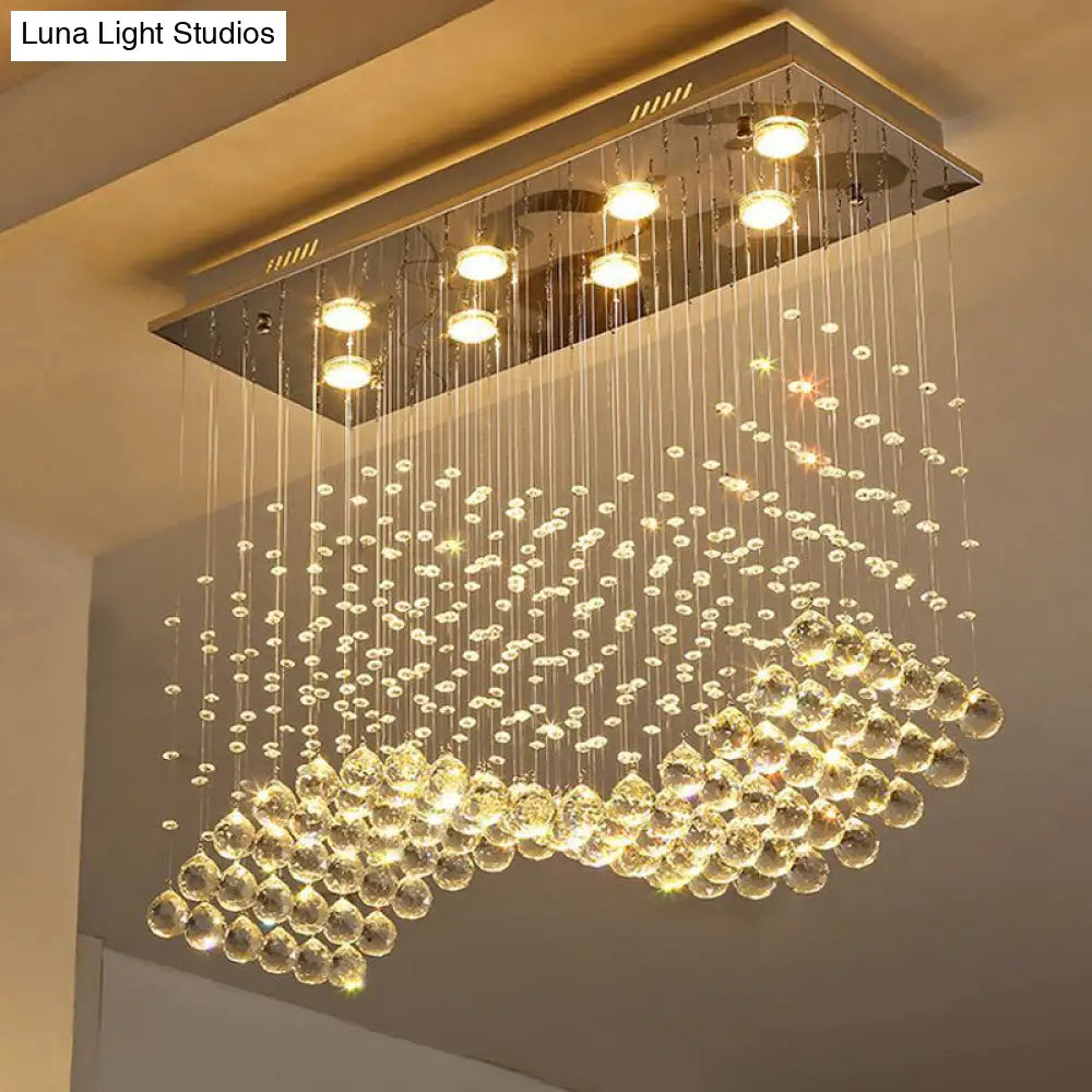 8-Light Wavy Ceiling Flush Mount With Stainless Steel Frame And Clear Crystal Orb Design