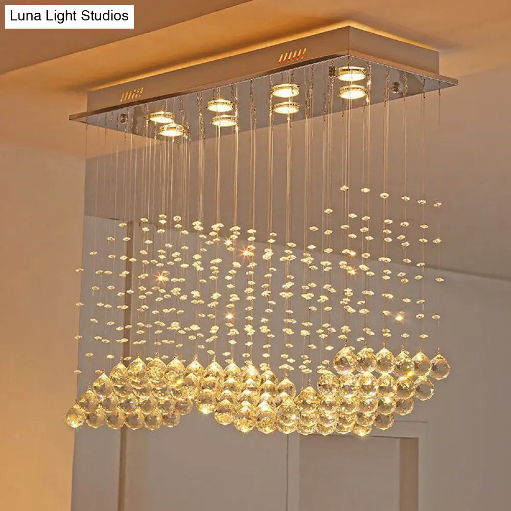 8-Light Wavy Ceiling Flush Mount With Stainless Steel Frame And Clear Crystal Orb Design