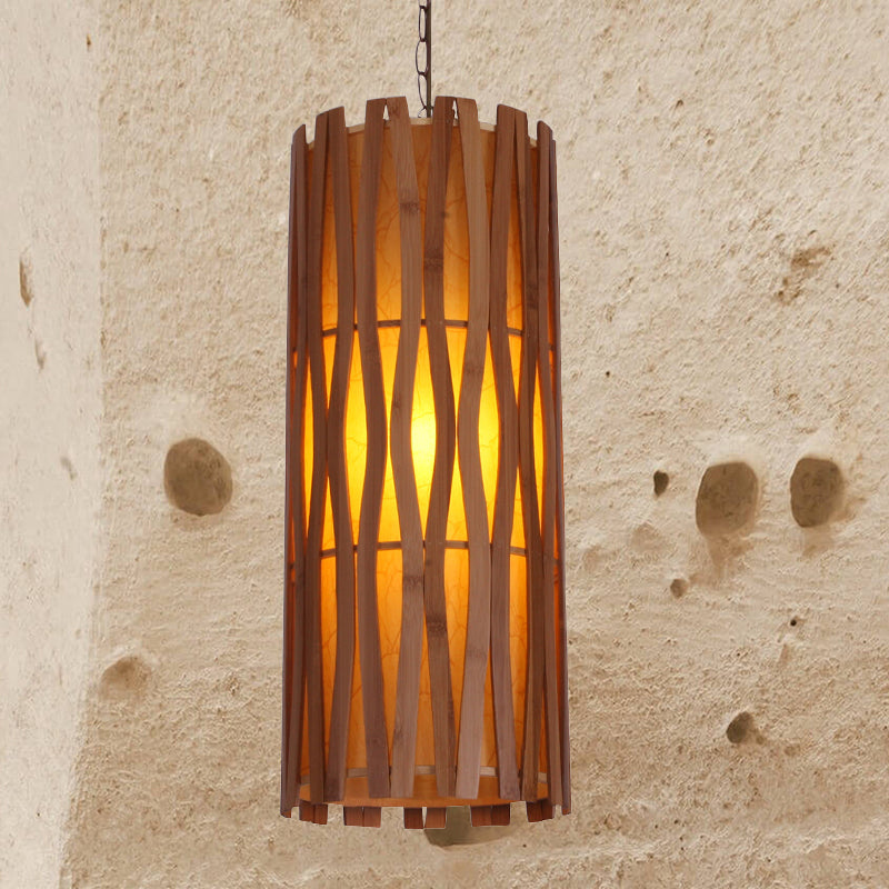 Khaki Asian Style Cylinder Wooden Pendant Light For Restaurants - Single Bulb Ceiling Suspension