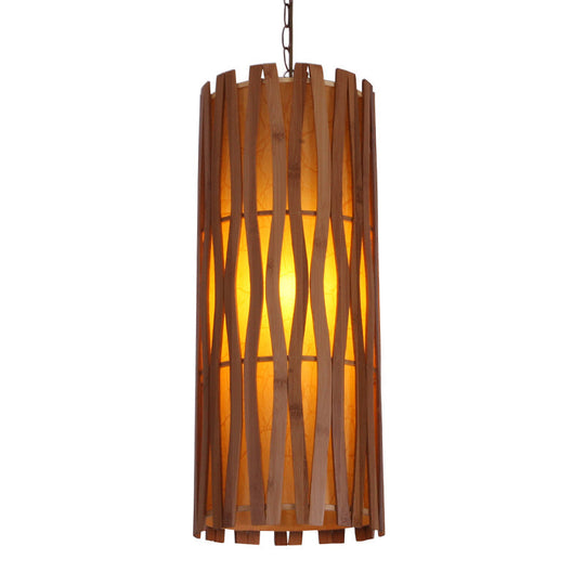 Khaki Asian Style Cylinder Wooden Pendant Light For Restaurants - Single Bulb Ceiling Suspension