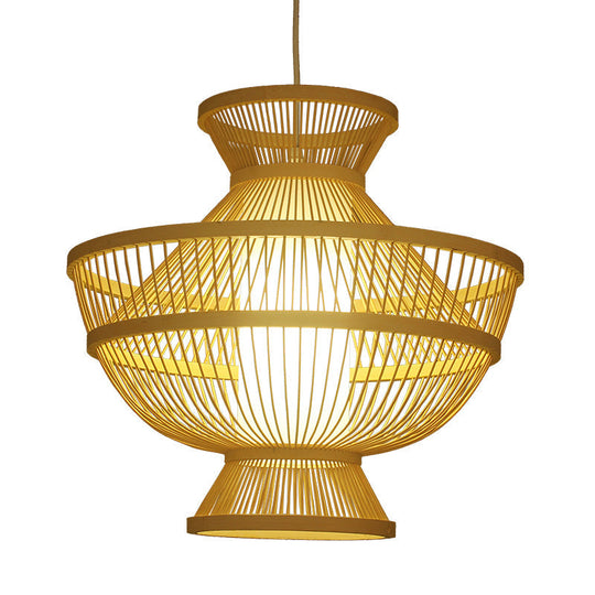 Asian Style Beige Bamboo Ceiling Lamp - Hot Pot Shaped Suspension Pendant With Single Bulb For