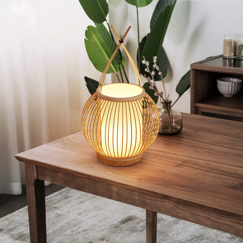 Beige Asian Style Bamboo Lantern Desk Light With Parchment Shade - Single Bulb Night Table Lamp