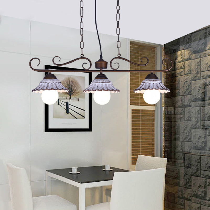 Twisting Island Pendant Lamp: 3-Light Coffee Metal Hanging Light With Scalloped Bell Ceramics Shade