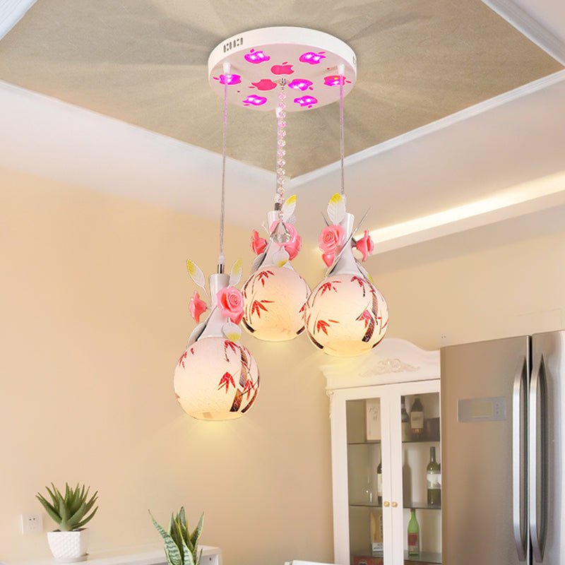 Modern White Glass Multi-Pendant Light With Floral Deco - Vase Shape 3 Bulbs Perfect For Dining Room