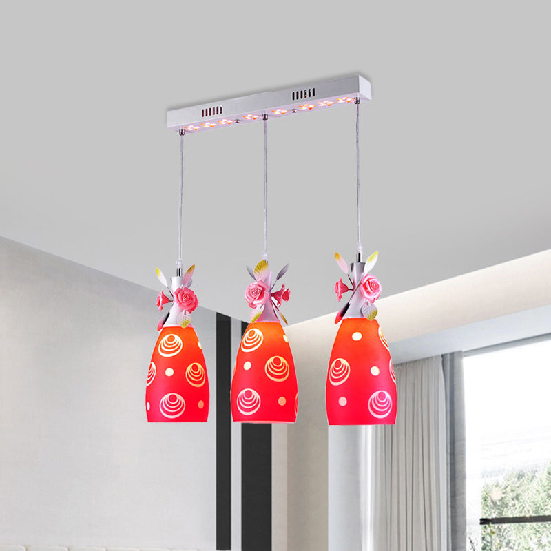 Contemporary Red Glass Wine Bottle Ceiling Light With Flower Decor - 3-Head Suspended Lamp
