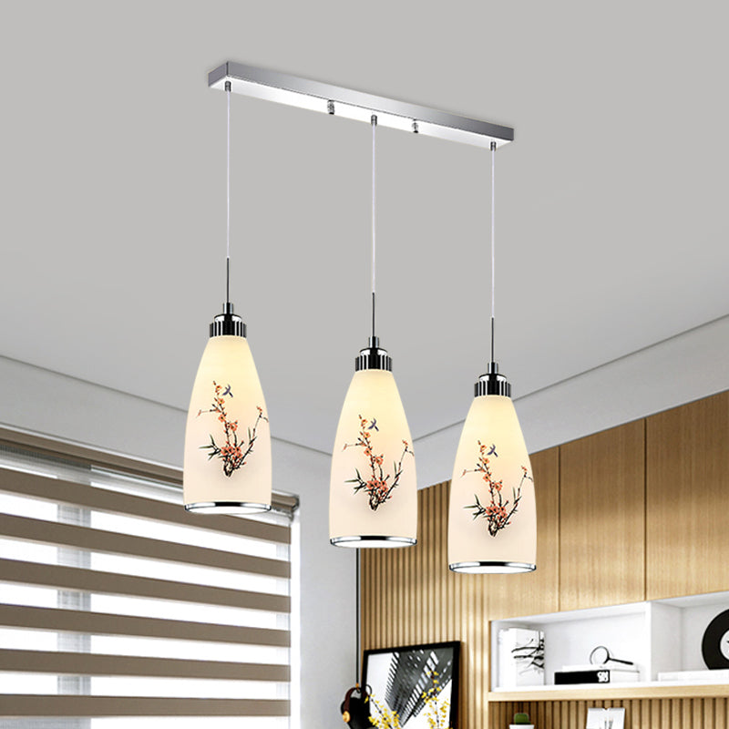 Minimalist Oblong White Glass Pendant Light With 3 Hanging Lamps And Round/Linear Canopy / A Linear