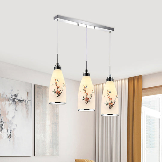 Minimalist Oblong White Glass Pendant Light With 3 Hanging Lamps And Round/Linear Canopy