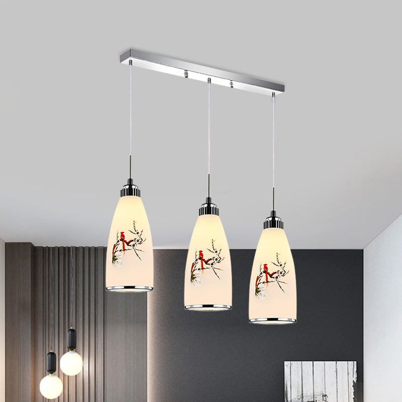 Minimalist Oblong White Glass Pendant Light With 3 Hanging Lamps And Round/Linear Canopy