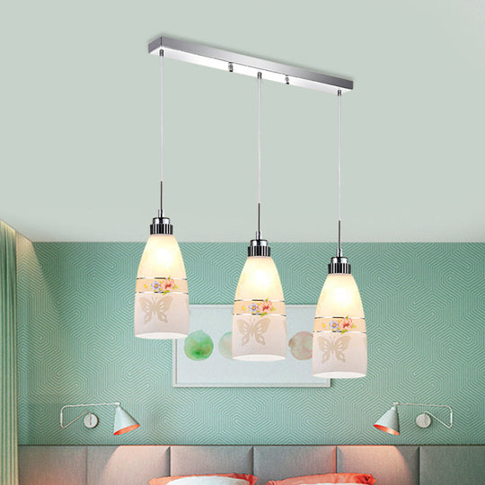 Minimalist Oblong White Glass Pendant Light With 3 Hanging Lamps And Round/Linear Canopy