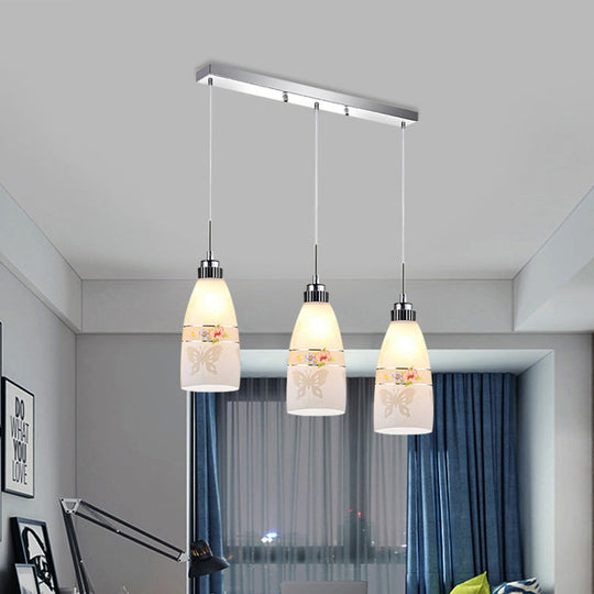 Minimalist Oblong White Glass Pendant Light With 3 Hanging Lamps And Round/Linear Canopy