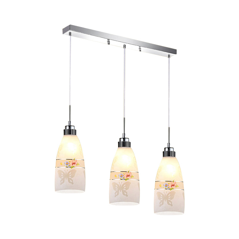 Minimalist Oblong White Glass Pendant Light With 3 Hanging Lamps And Round/Linear Canopy