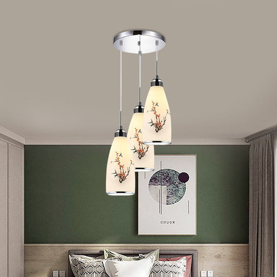 Minimalist Oblong White Glass Pendant Light With 3 Hanging Lamps And Round/Linear Canopy