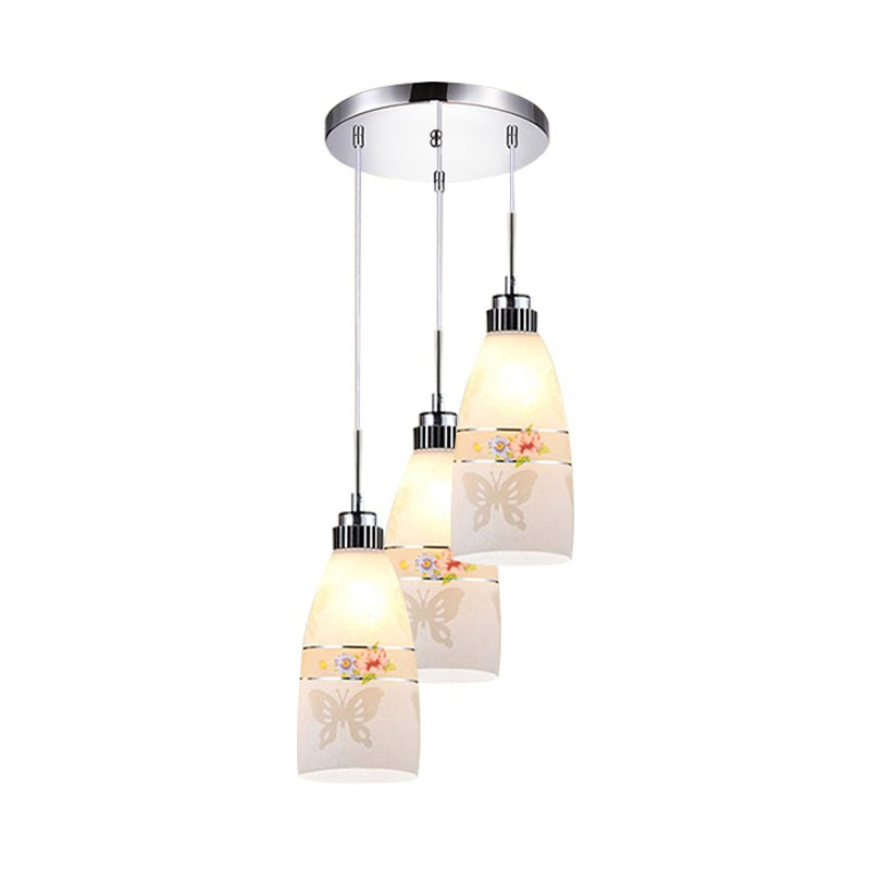 Minimalist Oblong White Glass Pendant Light With 3 Hanging Lamps And Round/Linear Canopy