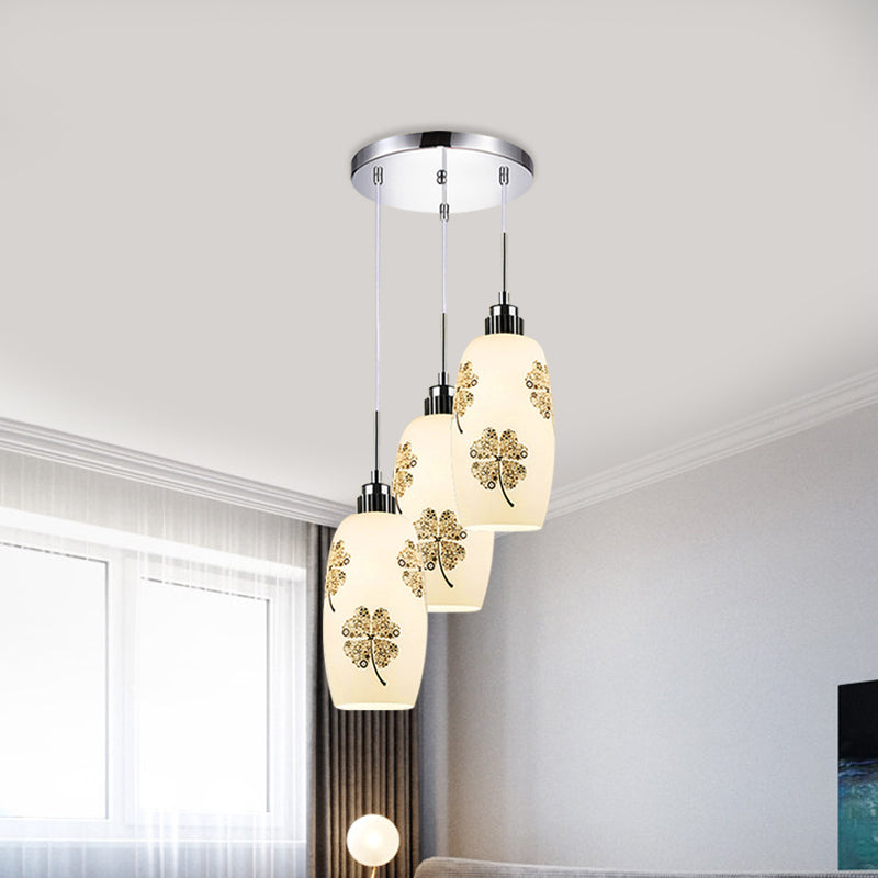 Minimalist White Frosted Glass Bottle Pendant Ceiling Lamp - 3 Lights Clover Pattern Ideal For
