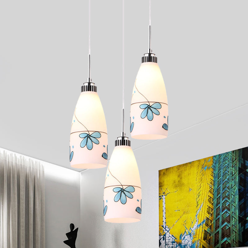 Minimalist 3-Bulb Cone Pendant Lamp With Black/Yellow/Blue Printed Glass And Linear/Round Canopy