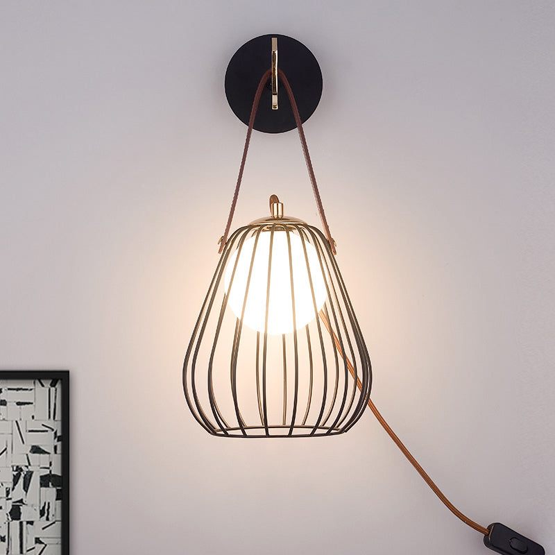 Minimalist Black Led Wall Sconce With Leather Handle - Pear Cage Iron Design