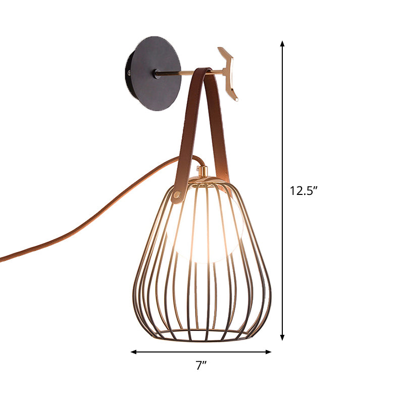 Minimalist Black Led Wall Sconce With Leather Handle - Pear Cage Iron Design