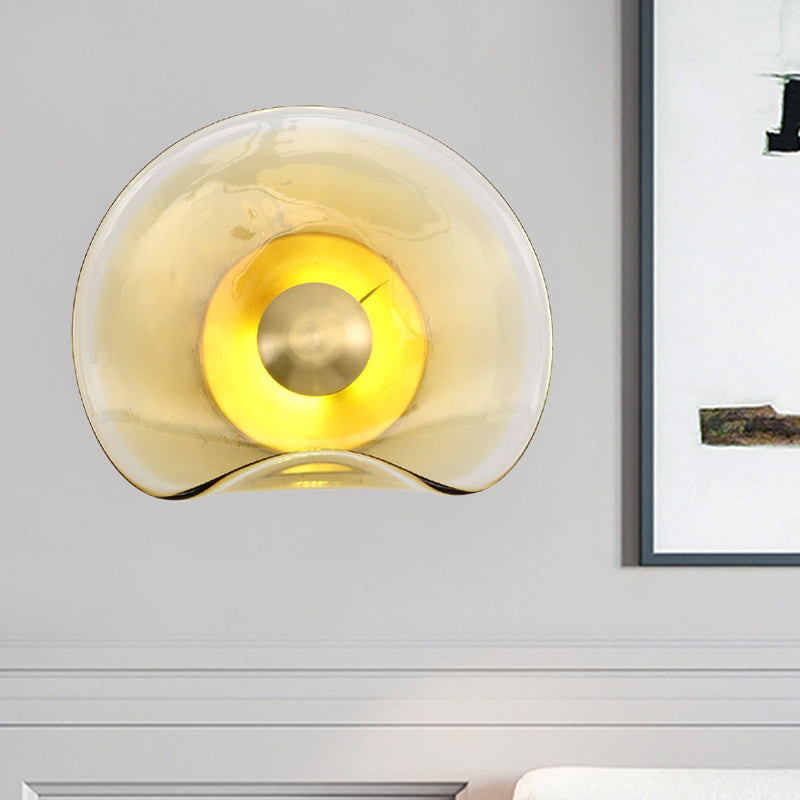 Brass Wall Mounted Led Sconce Light: Tan Glass Bend Panel Post-Modern Lamp