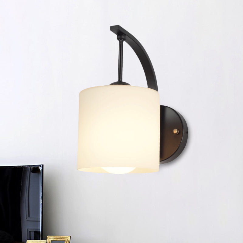 Modern Cylindrical Wall Sconce With Black Finish And Opal Glass Shade