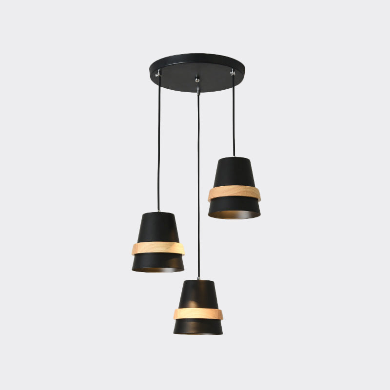 Modernist Wood and Metal Multi-Pendant Suspension Light for Dining Room - Cup Shape, 3 Heads, White/Black