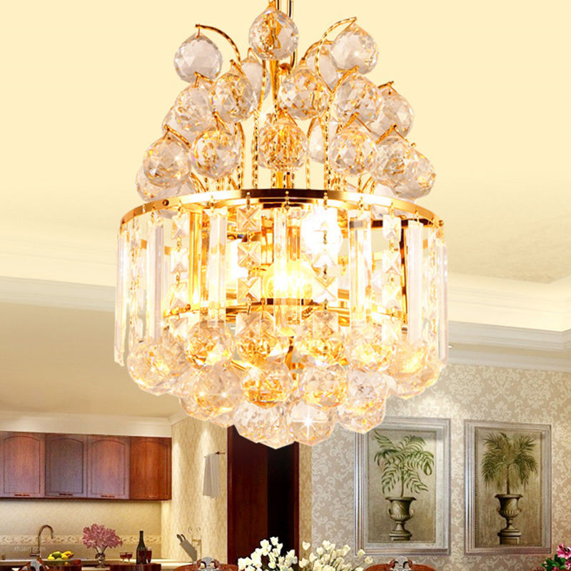 Simple Style Crystal Ball Chandelier - Round Living Room Pendant Light, 3 Heads, Gold Finish