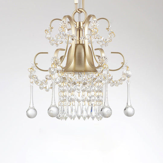 Gold Pendant Lamp With Crystal Droplet - Classic Style Metal Frame Ceiling Light 1 Bulb