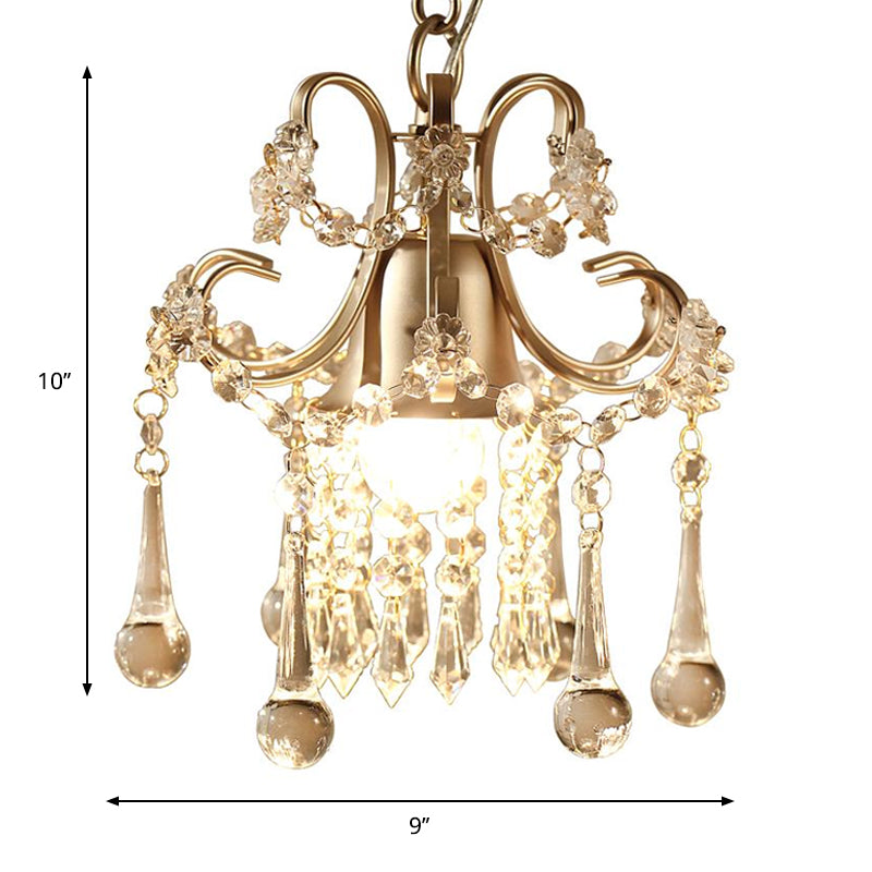 Gold Pendant Lamp With Crystal Droplet - Classic Style Metal Frame Ceiling Light 1 Bulb