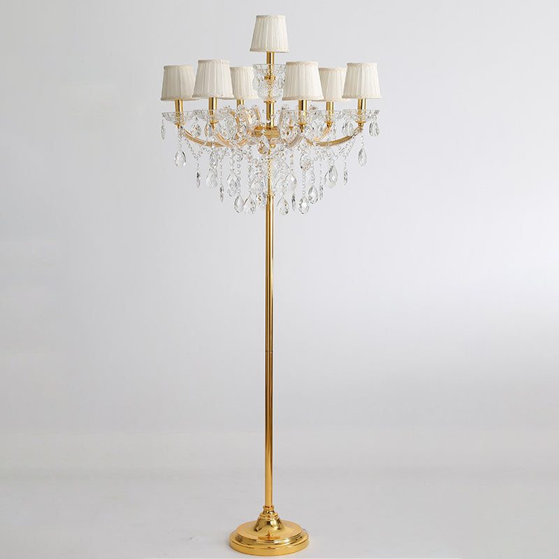Traditional 7-Head Fabric Pleated Floor Lamp In Gold With Crystal Accent - Perfect For Living Room