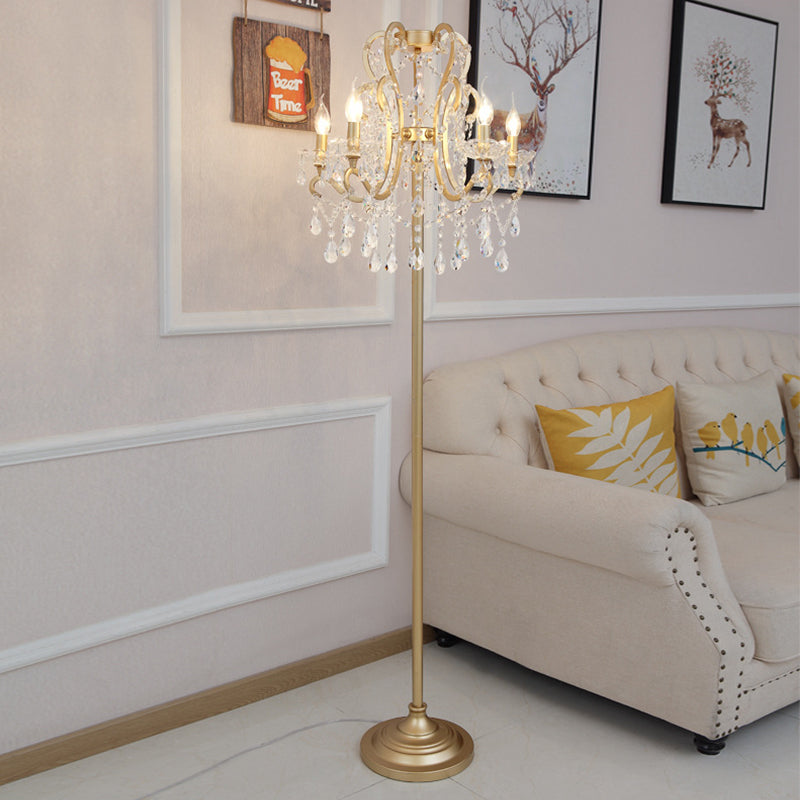 Classic Style Gold Metal Standing Floor Lamp With Crystal Strand - 5 Bulbs Scroll Frame Lighting
