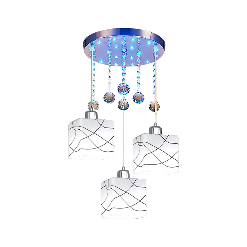 White Minimal Crystal Orb Square Pendant Lamp With 3 Lights & Round Canopy