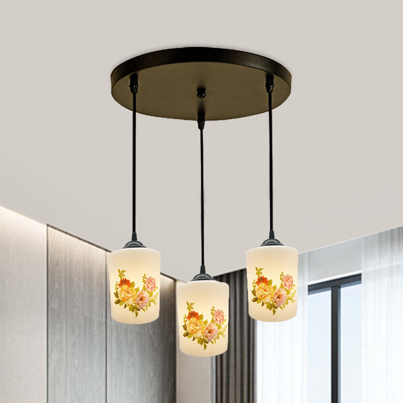 Black Multi Pendant Lamp - White Printing Glass 3-Light Dining Room Suspension Light With