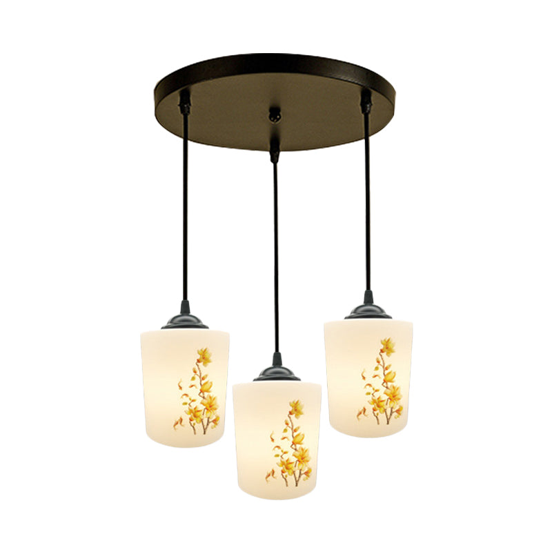 Black Multi Pendant Lamp - White Printing Glass 3-Light Dining Room Suspension Light With