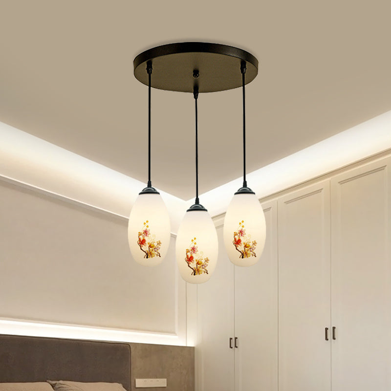 Frosted White Glass Pendant Lamp With Flower Pattern - 3 Bulbs
