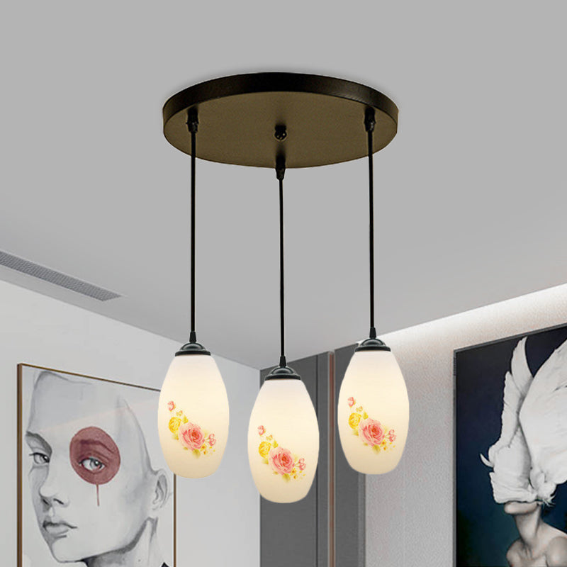 Frosted White Glass Pendant Lamp With Flower Pattern - 3 Bulbs / D Round