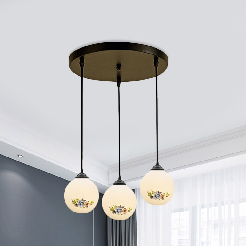 Modern Black Multi-Pendant Hanging Light Kit With Flower Pattern And Frosted Glass White / A Round