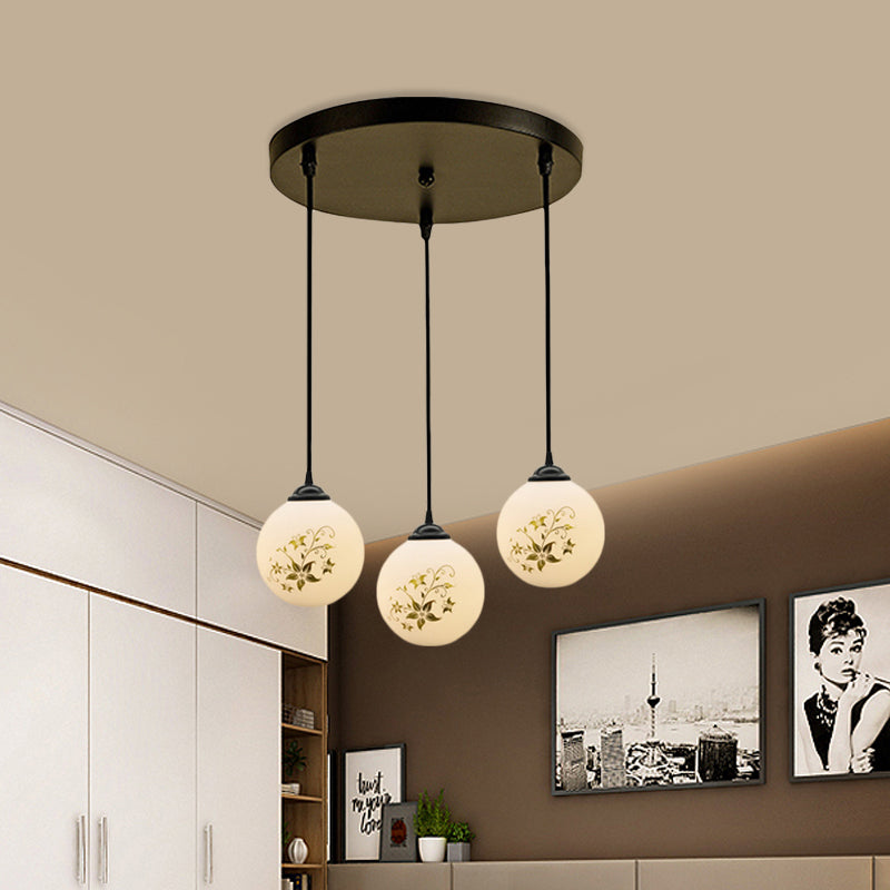Modern Black Glass 3-Light Ceiling Pendant For Dining Room - Stylish White Print Multi-Canopy Design