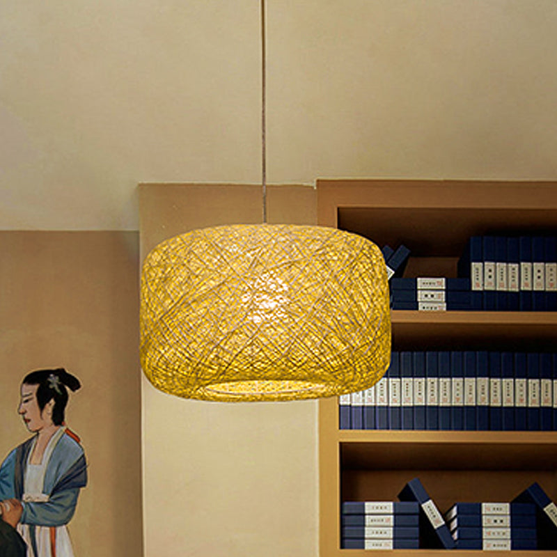 Asian Rattan Drum Pendant Light Fixture With Flaxen Lampshade - 1 Bulb Hanging Kit