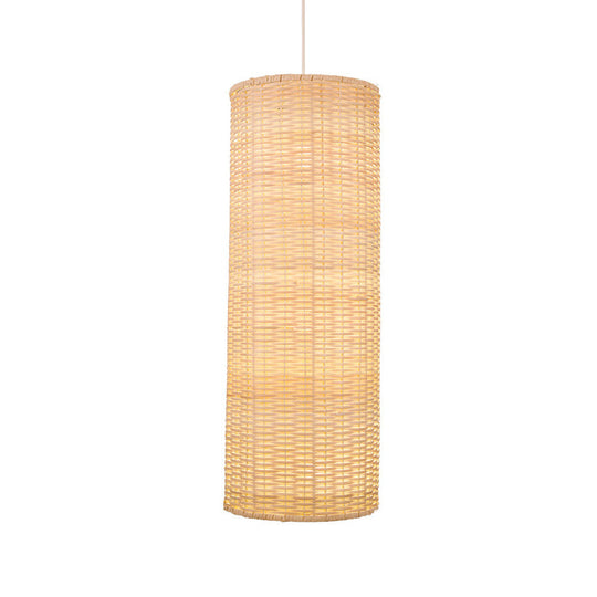 1-Head Bamboo Rattan Hanging Pendant Light - Minimalist Column Design In Beige For Living Room