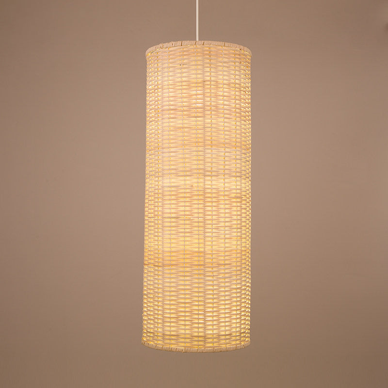 1-Head Bamboo Rattan Hanging Pendant Light - Minimalist Column Design In Beige For Living Room