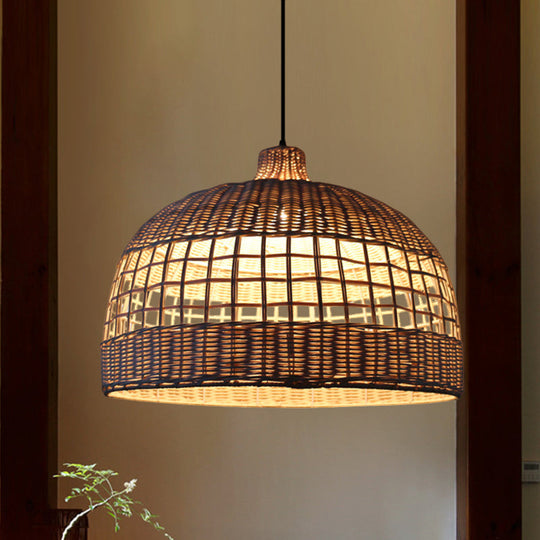 Rustic Gridded Bamboo Pendant Lamp For Table Suspended By 1 Bulb